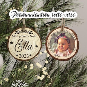 Personalized Christmas decoration - my first Christmas - Christmas wooden log - Photo and text on both sides
