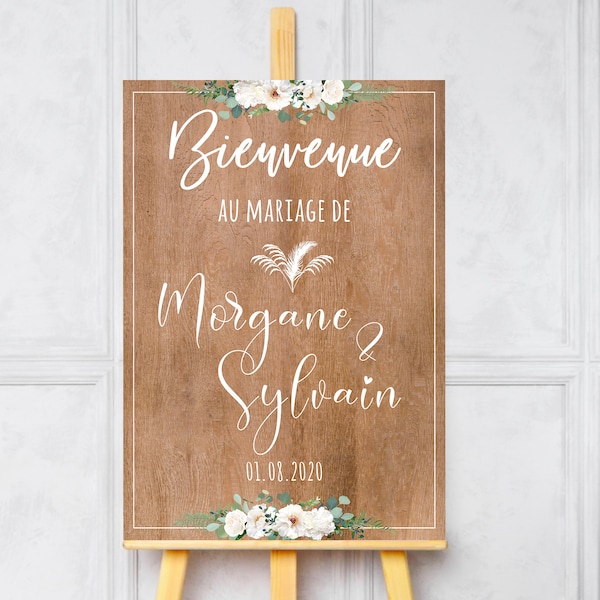 Home panel, words of the bride and groom, customizable - white flowers theme - imitation wood print 70X100