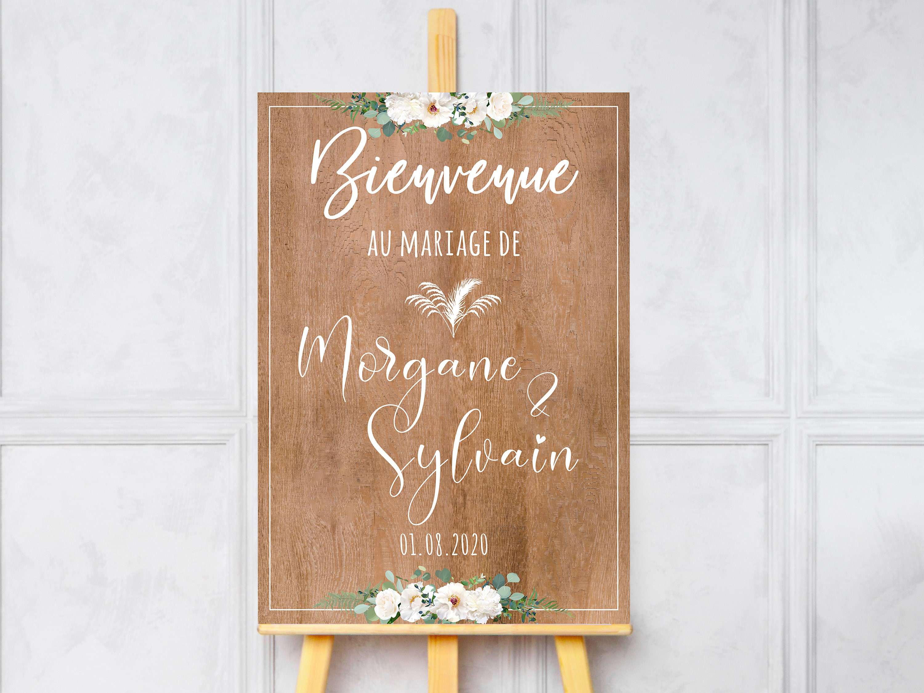 Home panel, words of the bride and groom, customizable - white flowers  theme - imitation wood print 70X100