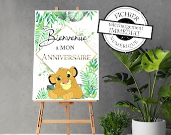 May include: A printable sign with a jungle theme featuring a cartoon lion cub. The sign says "Bienvenue à mon Anniversaire" which translates to "Welcome to my Birthday" in English.