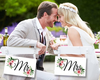 Ensemble Pancarte " Just Married " thème roses + pancartes chaise "Mr & Mrs"