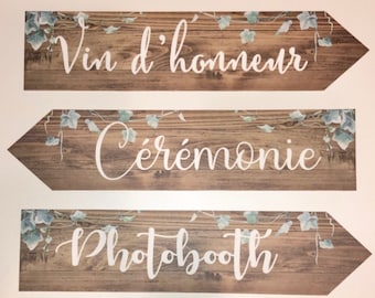 Lot 3 Panneaux directionnels mariage en bois mdf 3mm- personnalisables - lierre et bois