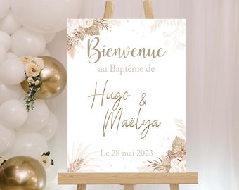 Affiche baptême, anniversaire ou mariage - pancarte accueil personnalisée - thème pampa, boho, fleurs séchées