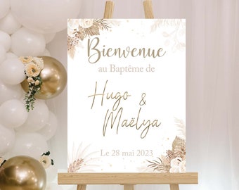 Affiche baptême, anniversaire ou mariage -  pancarte accueil personnalisée - thème pampa, boho, fleurs séchées