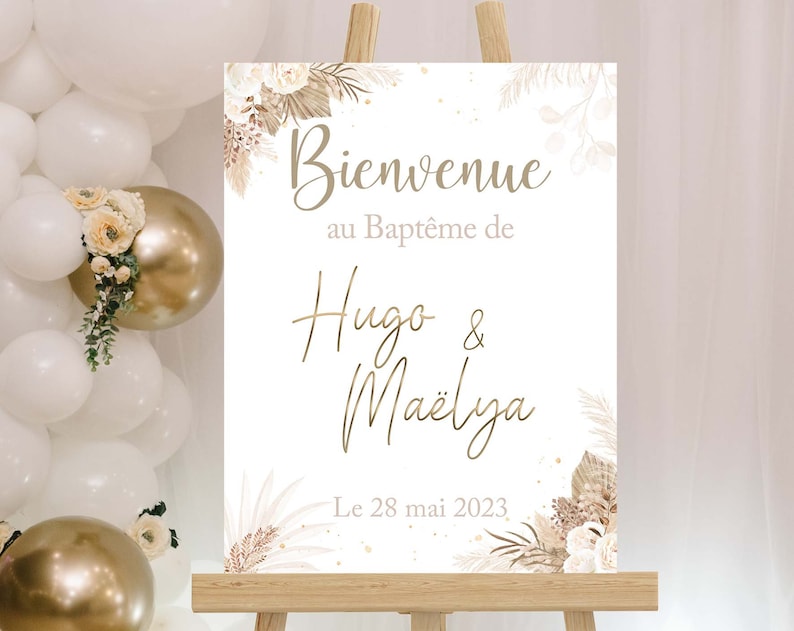 Baptism, birthday or wedding poster personalized welcome sign pampas theme, boho, dried flowers image 1