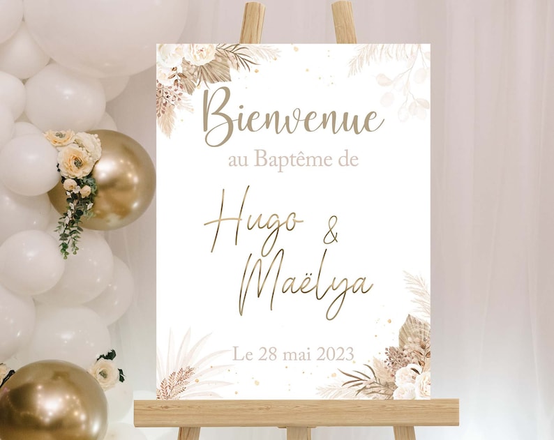 Affiche baptême, anniversaire ou mariage pancarte accueil personnalisée thème pampa, boho, fleurs séchées image 1