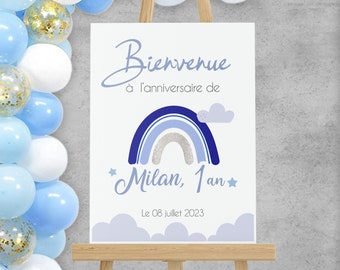 Affiche anniversaire , pancarte accueil, thème arc en ciel bleu, affiche personnalisée
