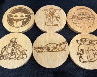 The Mandalorian Mando The Child Inspired Set of 6 Square or Round Bamboo Coasters Great Gift Birthday Christmas Anniversary Custom Available