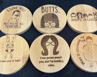 Bob's Burgers Tina Bob  Inspired Set of 6 Square or Round Bamboo Coasters Great Gift Birthday Christmas Anniversary Custom Available