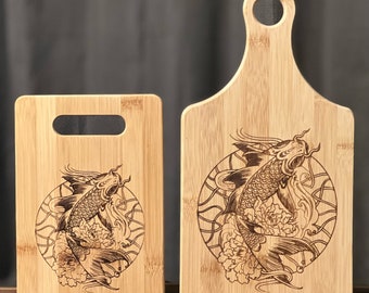 Koi Fish Decorative Functional Inspired Bamboo Cutting Board Wedding Anniversary Christmas Variations Available Custom Gift