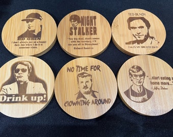 Serial Killers Dahmer Bundy Ed Gein Gacy Set of 6 Square or Round Bamboo Coasters Great Gift Birthday Christmas Anniversary Custom Avail