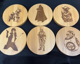 Star Wars Darth Vader Droids Yoda Inspired Set of 6 Square or Round Bamboo Coasters Great Gift Birthday Christmas Anniversary Custom Avail