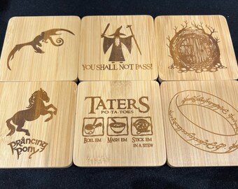 Lord of The Rings Taters Inspired Set of 6 Square or Round Bamboo Coasters Great Gift Birthday Christmas Anniversary Custom Available