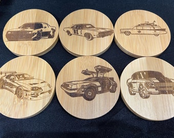 Cars Delorian Dukes Ghostbusters Inspired Set of 6 Square or Round Bamboo Coasters Great Gift Birthday Christmas Anniversary Custom Avail