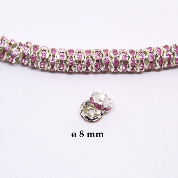 9 Perles intercalaire en cristal strass 8 mm, perles rondelles strass, perle strass couleur ROSE