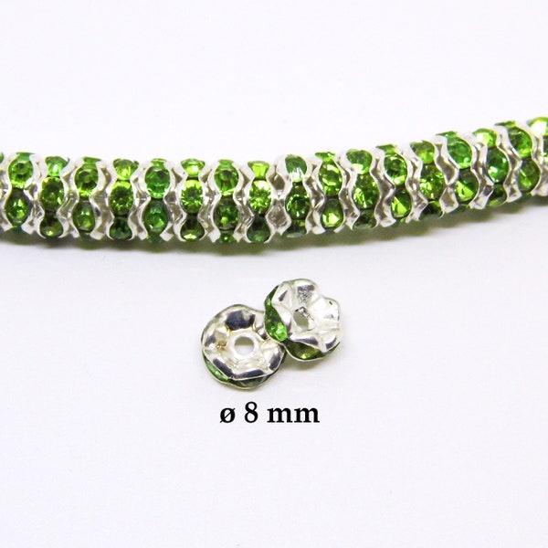 Perles intercalaire en cristal strass 8 mm, perles rondelles strass, perle strass couleur VERT, strass argenté 10 pieces