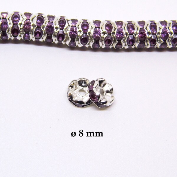 7 Perles intercalaire en cristal strass 8 mm, perles rondelles strass, perle strass couleur VIOLET