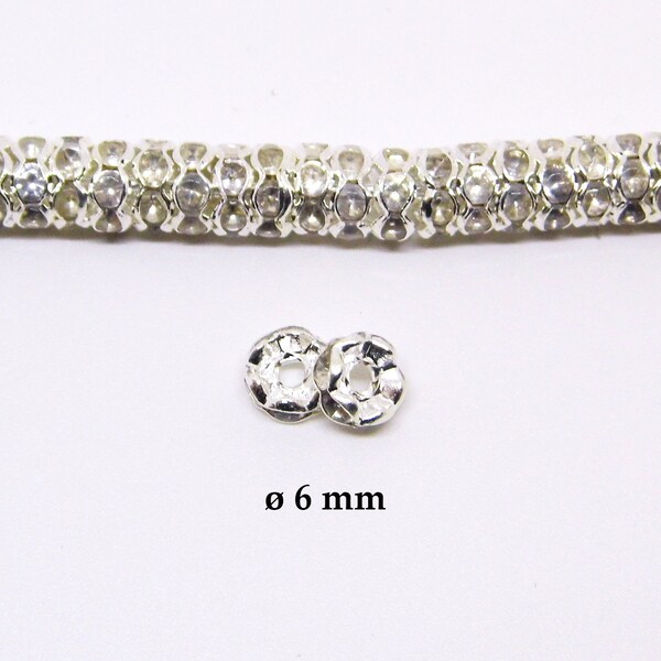 Perles intercalaire en cristal strass 6 mm, perles rondelles strass, perle strass couleur TRANSPARENT, strass argenté 10 pieces