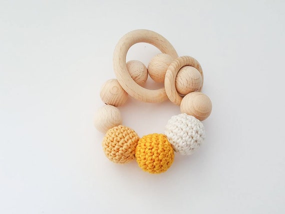Handmade Natural Wooden Crochet Bead Ring Baby Teether Teething Shower Gift
