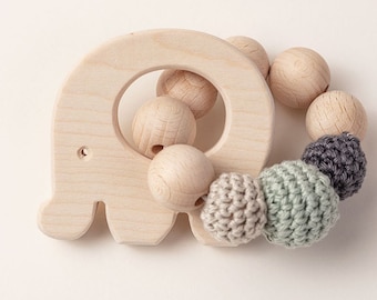 Greifling Beißring Holz *Elefant* 9 Farben | Bio Baumwolle | NoniKids Berlin handgemacht - aus Bio Baumwollgarn und unbehandeltem Holz