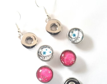 Boucles d'oreilles à boutons pression snap MINI 12MM et 2 paires de boutons pression  de type floral blanc et bleu et rose à paillettes