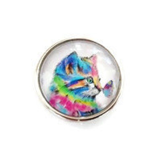 bouton pression 18mm à cabochon de verre chat et papillon multicolore