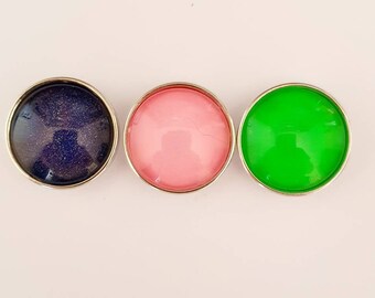 Set of 3 snap snap buttons 18mm blue, green and pink with ultra thin glitter.