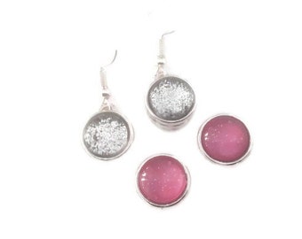 boucles d'oreilles à boutons pression MINI à paillettes argentées   et rose