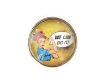 bouton pression à cabochon de verre 18mm femme "we can do it" style vintage.