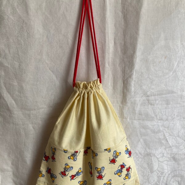 Sac pochon enfant coton 27 x 33 cm petites souris sur fond jaune