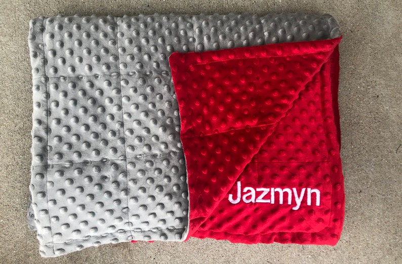 Minky weighted blankets.35X40 and 40X60 Weighted blankets.Mothers Day gifts,Father day.graduation. Calming,autism,insomnia.Free embroidery. Gray and red