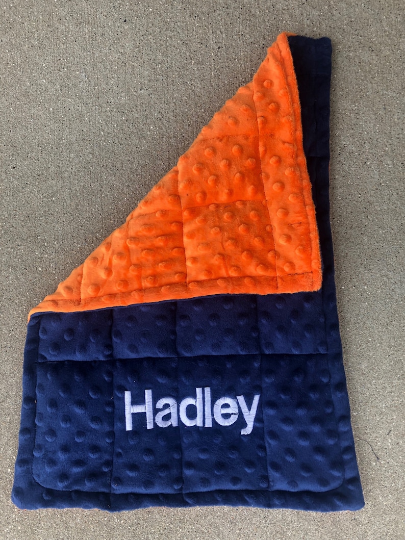 All Minky Weighted and none weighted 12X20 lap pad.Fathers Day.nursery,lovey,calming,anxiety,ptsd,dementia,insomnia,autism.Free embroidery Navy blue/Orange