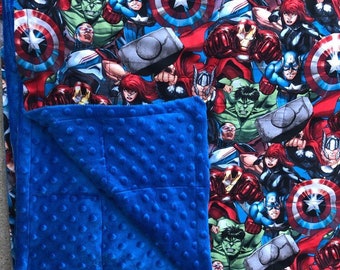 Super Heroes with minky fabric weighted/none weighted.35X40 and 40X60.Calming,ptsd,insomnia  Autism,Anxiety,Sensory blanket. Free embroidery