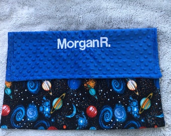 Space Solar System planets with Minky fabric. 20X20, Childs blanket,lovey,adult lap pad,insomnia,calming, autism, anxiety. Free embroidery,