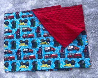 Ready to ship! Choose weight.Emergency vehicles with red Minky fabric.35X40 blanket is as shown in picture .Autism,anxiety, insomnia,calming