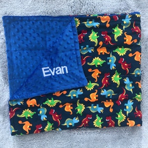Dinosaurs with minky. 35X40 /40X60 weighted With minky backing. Birthday gift. Autism,anxiety,calming, blanket,ADHD.Free embroidery last one Royal blue