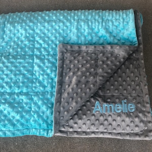 Minky weighted blankets.35X40 and 40X60 Weighted blankets.Father day.graduation. Calming,autism, anxiety, dementia,insomnia.Free embroidery. Aqua/Charcoal gray
