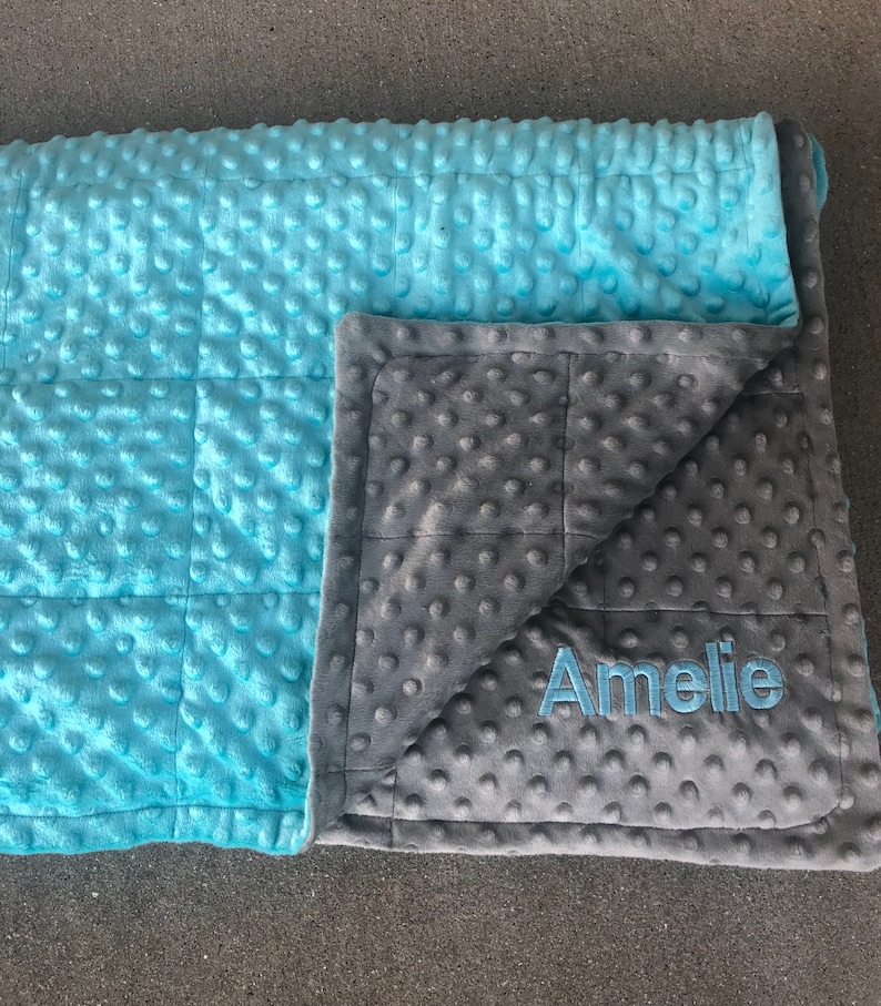 Minky weighted blankets.35X40 and 40X60 Weighted blankets.Father day.graduation. Calming,autism, anxiety, dementia,insomnia.Free embroidery. Aqua/Charcoal gray