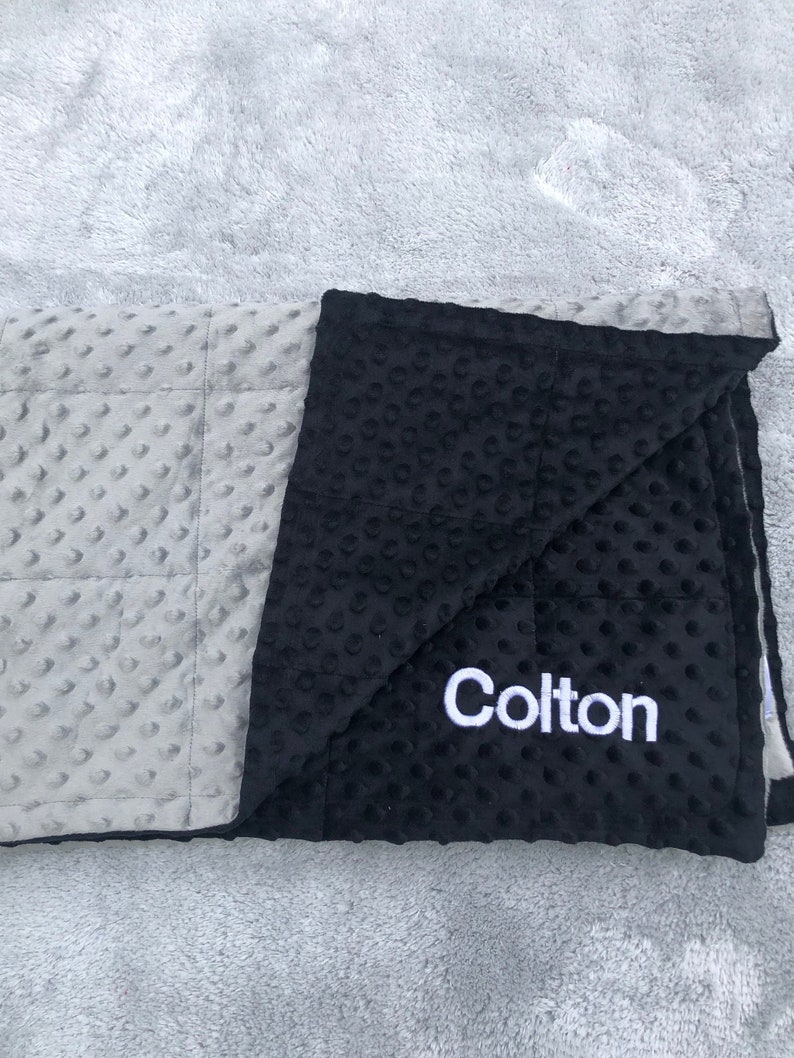 Minky weighted blankets.35X40 and 40X60 Weighted blankets.Father day.graduation. Calming,autism, anxiety, dementia,insomnia.Free embroidery. Gray and black