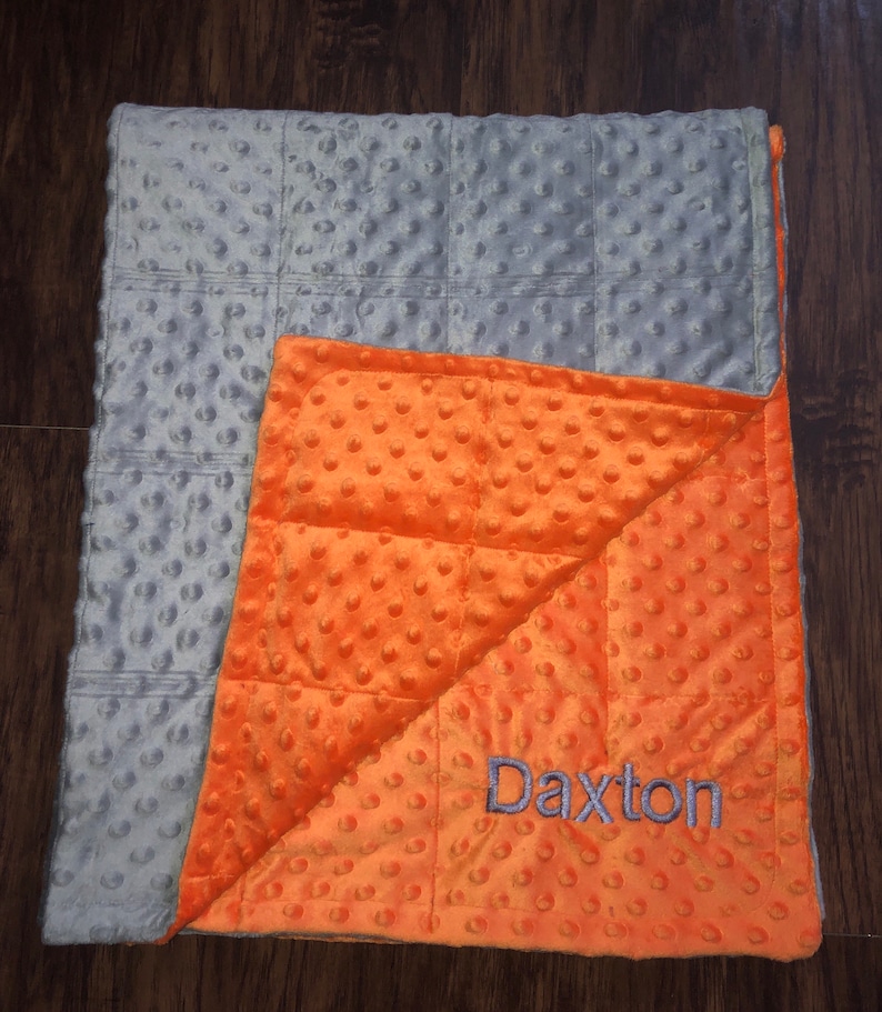 Minky weighted blankets.35X40 and 40X60 Weighted blankets.Father day.graduation. Calming,autism, anxiety, dementia,insomnia.Free embroidery. Gray and orange