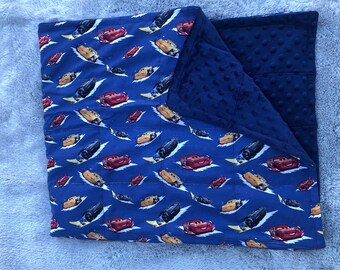 Ready to ship!! Cars with Navy blue Minky. 35X40 3 pounds. Autism, anxiety, insomnia, calming. Childs lovey, baby blanket,sensory blanket.
