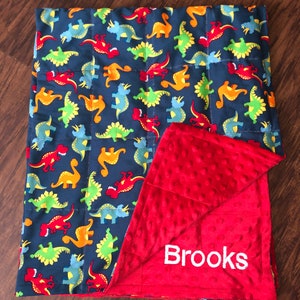 Dinosaurs with minky. 35X40 /40X60 weighted With minky backing. Birthday gift. Autism,anxiety,calming, blanket,ADHD.Free embroidery last one Red