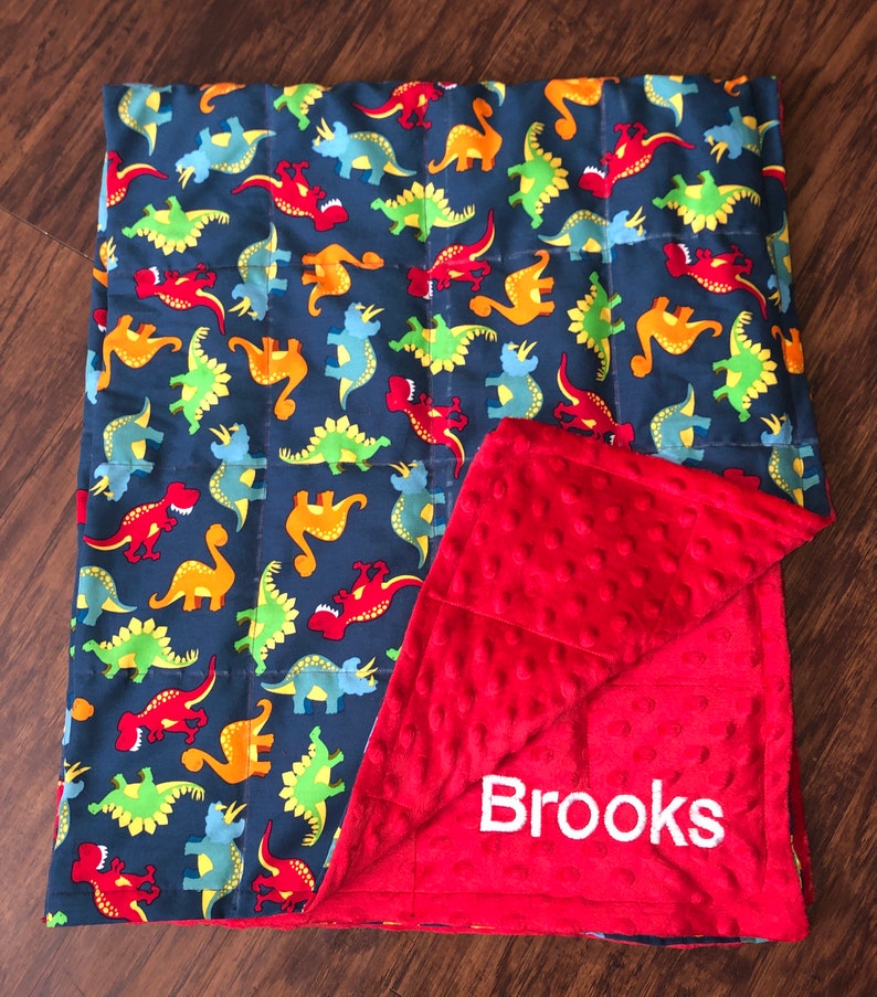 Dinosaurs with minky. 35X40 /40X60 weighted With minky backing. Birthday gift. Autism,anxiety,calming, blanket,ADHD.Free embroidery last one Red