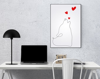 Lupo che stringe i cuori. Decorazioni fai da te. Arte da parete stampabile. Download digitale istantaneo Arte minimalista. Lupo stampabile. Stile picassiano.