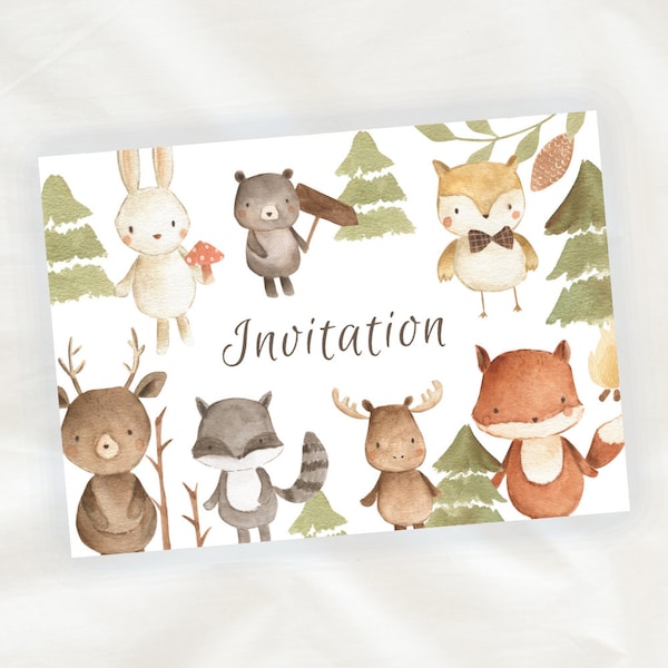 Set of 8 children's birthday invitation cards - MIXED GIRL or BOY - Watercolor forest animals