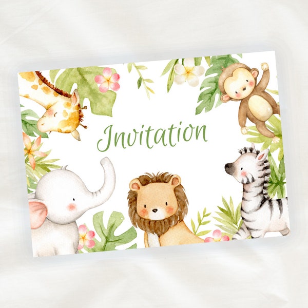 Lot de 8 cartes d'invitation anniversaire enfant - MIXTE FILLE ou GARÇON - Animaux de la jungle en aquarelle