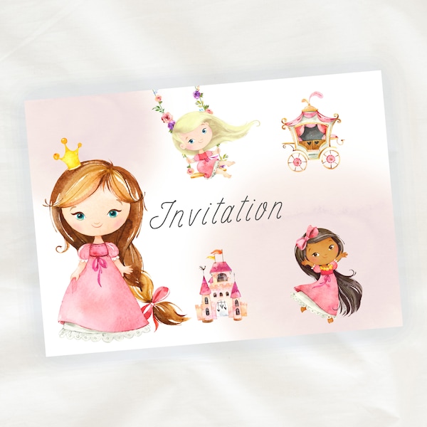 Lot de 8 cartes d'Invitation Anniversaire Enfant - Fille - Princesse en Aquarelle