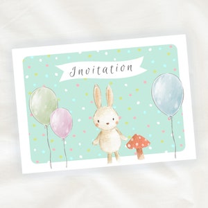 Lot de 8 cartes d'invitation anniversaire enfant - Garçon - Animaux - Lapin sur fond bleu avec des ballons en Aquarelle