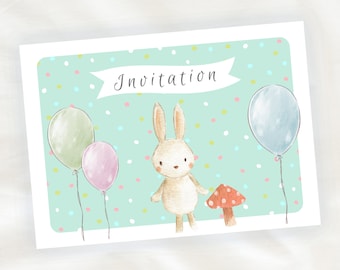 Set of 8 children's birthday invitation cards - Boy - Animals - Rabbit on a blue background with watercolor balloons