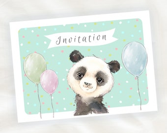 Lot de 8 cartes d'invitation anniversaire enfant - Garçon - Animaux - Panda en Peinture Aquarelle